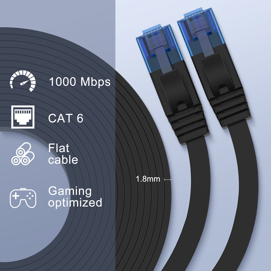 Cat 6 Ethernet Cable High Speed RJ45 Internet Cable for Outdoor & Indoor Support CAT6 Network Solid Slim Flat Black Computer LAN for PC /Router/Modem