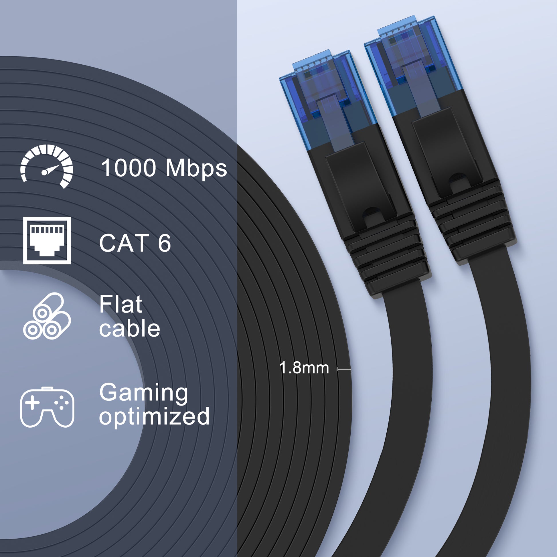 Cat 6 Ethernet Cable 3.28ft High Speed RJ45 Internet Cable for Outdoor & Indoor Support CAT6 Network Solid Flat Black Computer LAN for PC /Router/Modem