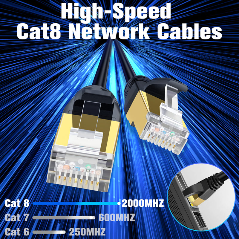 Cat 8 Ethernet Cable Fast Speed 40Gbps Gold-plated RJ45 Connector Round Lan Cable Patch Cord for Router Switch Black
