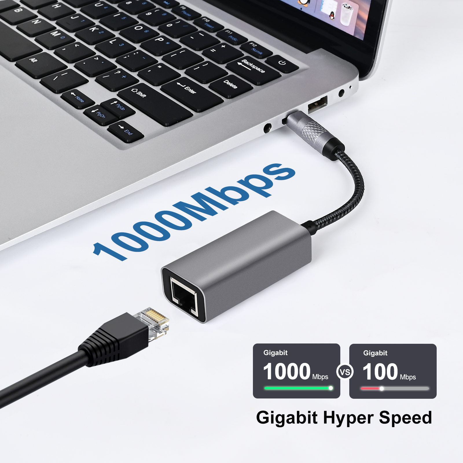 USB to Ethernet Adapter, 1000Mbps Plug and Play Ethernet Adapter with USB C, Driver Free, RJ45 LAN Network Dongle Compatible with Switch, Laptop, PC, MacBook, Windows, macOS