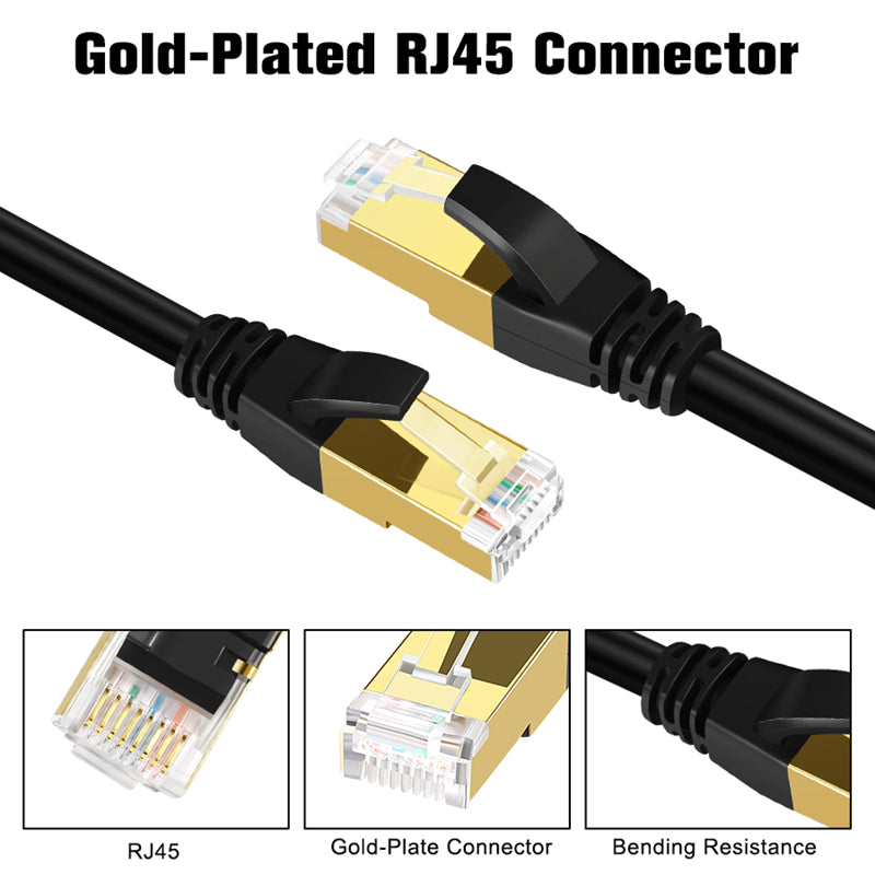 Cat 8 Ethernet Cable Fast Speed 40Gbps Gold-plated RJ45 Connector Round Lan Cable Patch Cord for Router Switch Black
