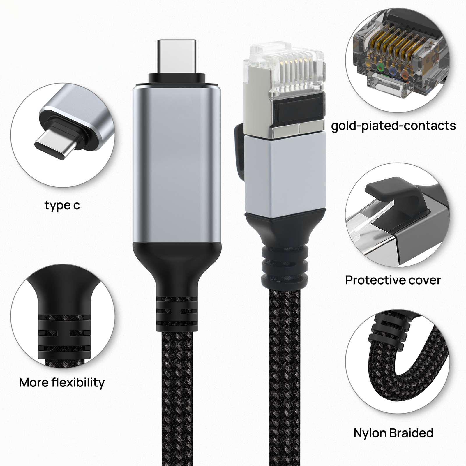 USB to Ethernet Adapter 6.6FT, USB C to RJ45 Male Cable Directly Connected Gigabit LAN Network, Compatible with Laptop, PC, MacBook, Switch, Windows, macOS, Linux