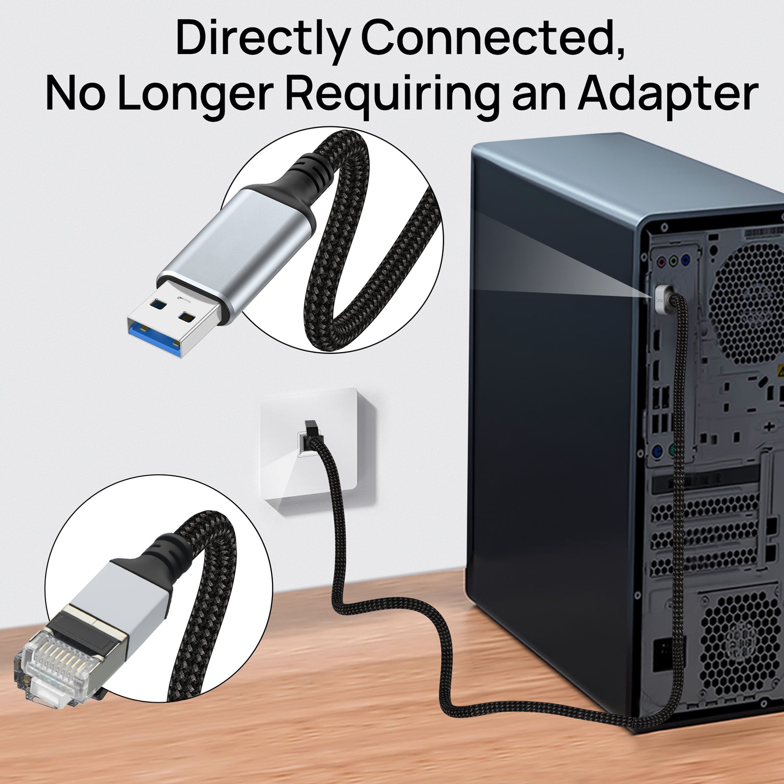 USB to Ethernet Adapter 6.6FT, USB 3.0 A to RJ45 Male Cable Directly Connected Gigabit LAN Network, Compatible with Laptop, PC, MacBook, Switch, Windows, macOS, Linux