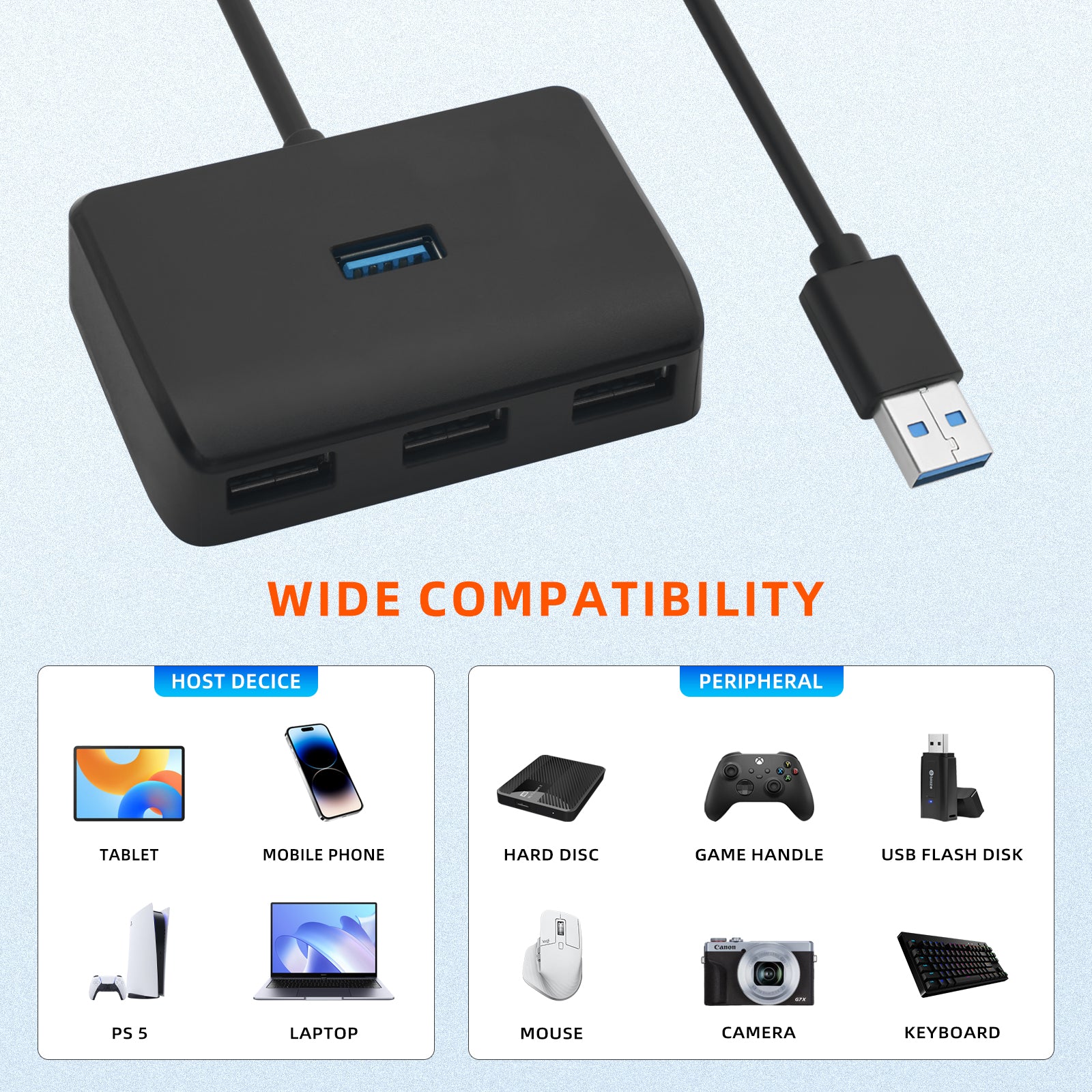 4 in 1 USB A 3.0 Hub, 4-Port with Power Adapter Multi-Function Expander for Portable USB Splitter Adapter for Laptop, PS4, Flash Drive, HDD, Xbox, Printer, Mouse, Keyboard, Computer