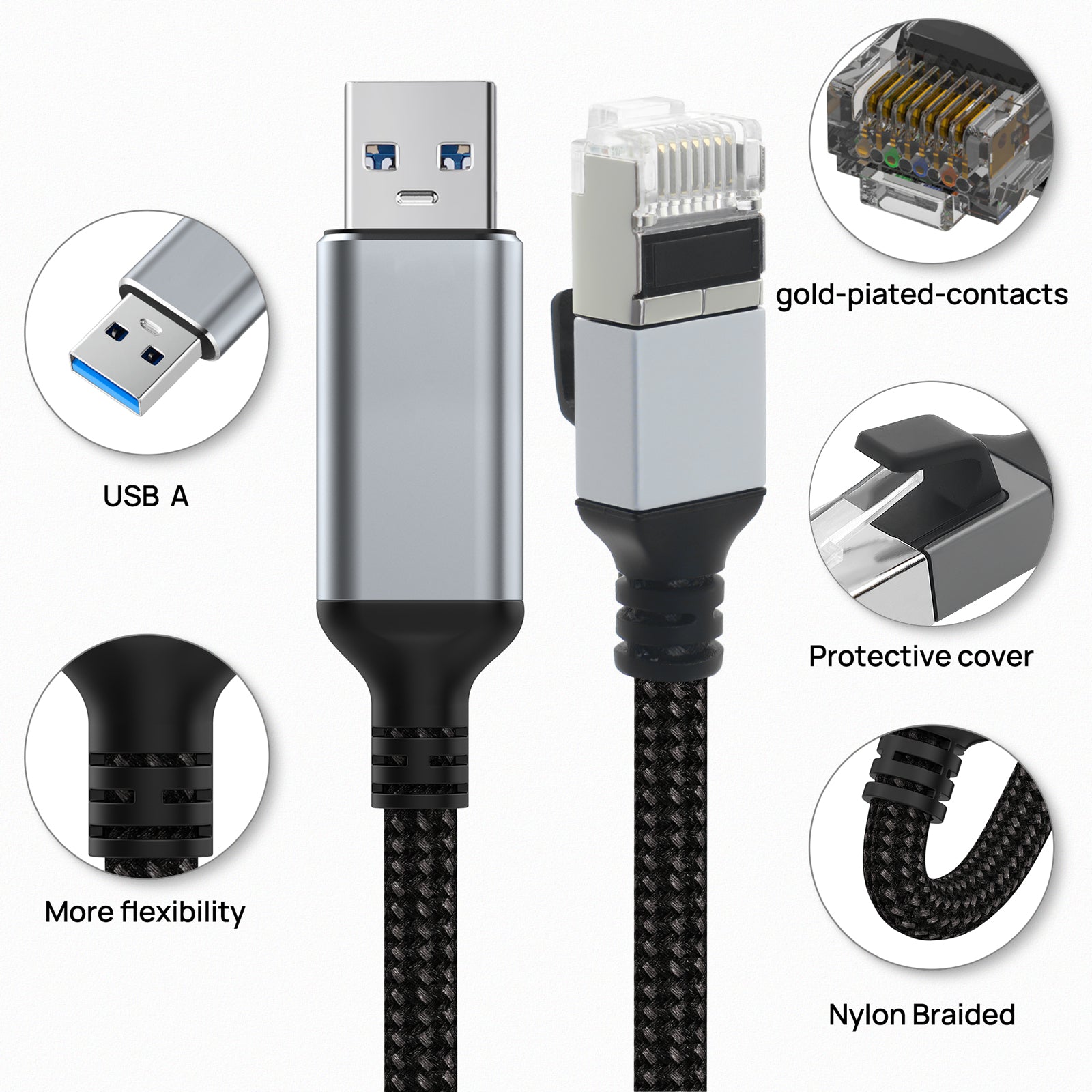 USB to Ethernet Adapter 6.6FT, USB 3.0 A to RJ45 Male Cable Directly Connected Gigabit LAN Network, Compatible with Laptop, PC, MacBook, Switch, Windows, macOS, Linux