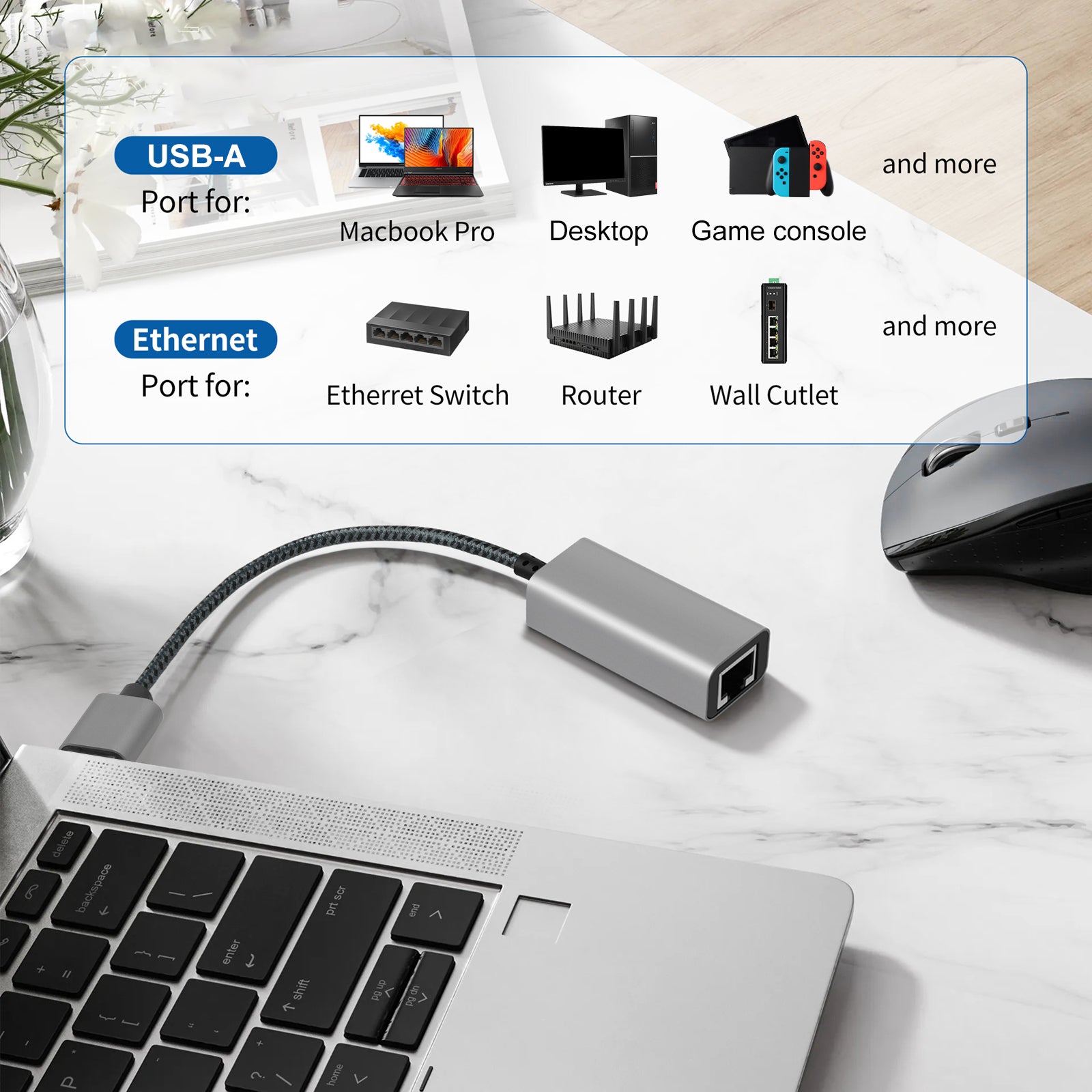 USB to Ethernet Adapter, 1000Mbps Plug and Play Ethernet Adapter with USB 3.0, Driver Free, RJ45 LAN Network Dongle Compatible with Switch, Laptop, PC, MacBook, Windows, macOS